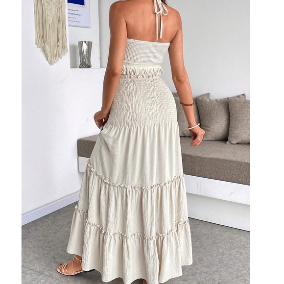 Maternity Knit Cropped Halter Top Stretchy Waist Maxi Skirt Set - Picture 6 of 6